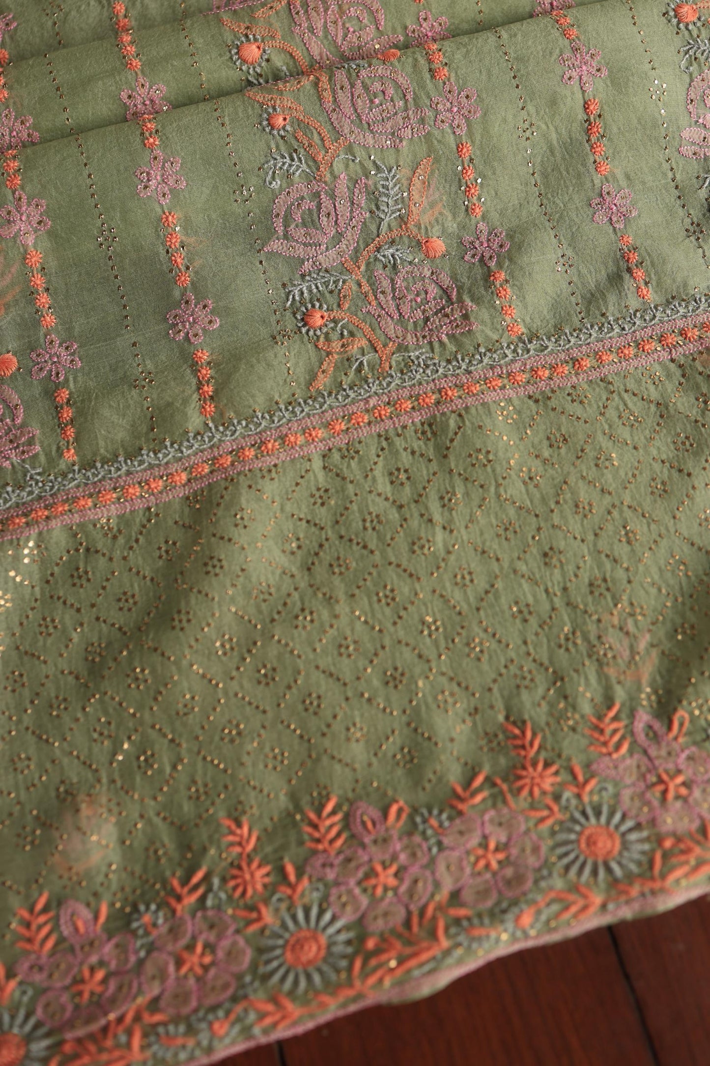 Hazel Green Noor Organza Silk Chikankari With Kamdani Fabric