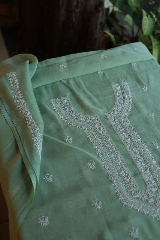 Hazel Green Shade Mulmul Chikankari Unstitched Men's Kurtas Fabric