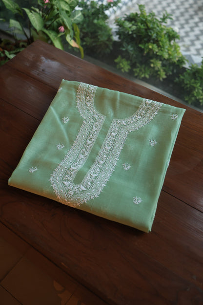 Hazel Green Shade Mulmul Chikankari Unstitched Men's Kurtas Fabric