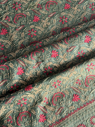 Hazel Green Tussar Silk Unstitched Kurta Dupatta Set with Multicolour Chikankari Embroidery