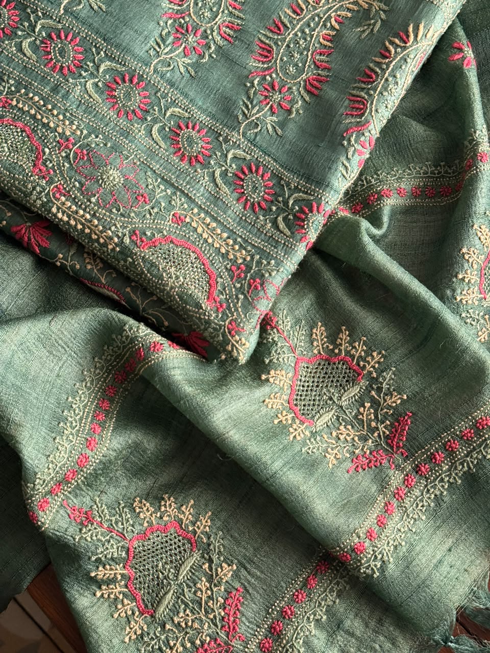 Hazel Green Tussar Silk Unstitched Kurta Dupatta Set with Multicolour Chikankari Embroidery