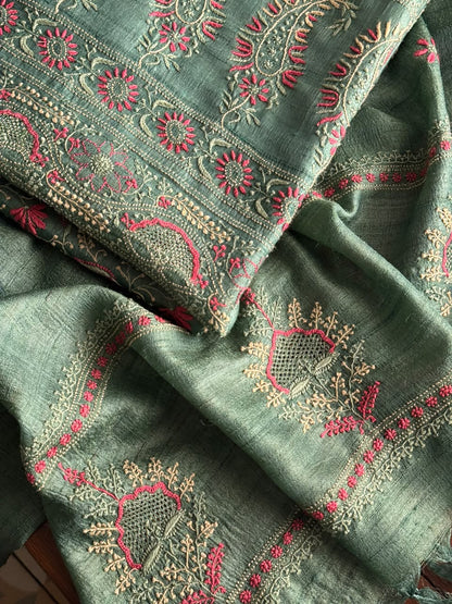 Hazel Green Tussar Silk Unstitched Kurta Dupatta Set with Multicolour Chikankari Embroidery