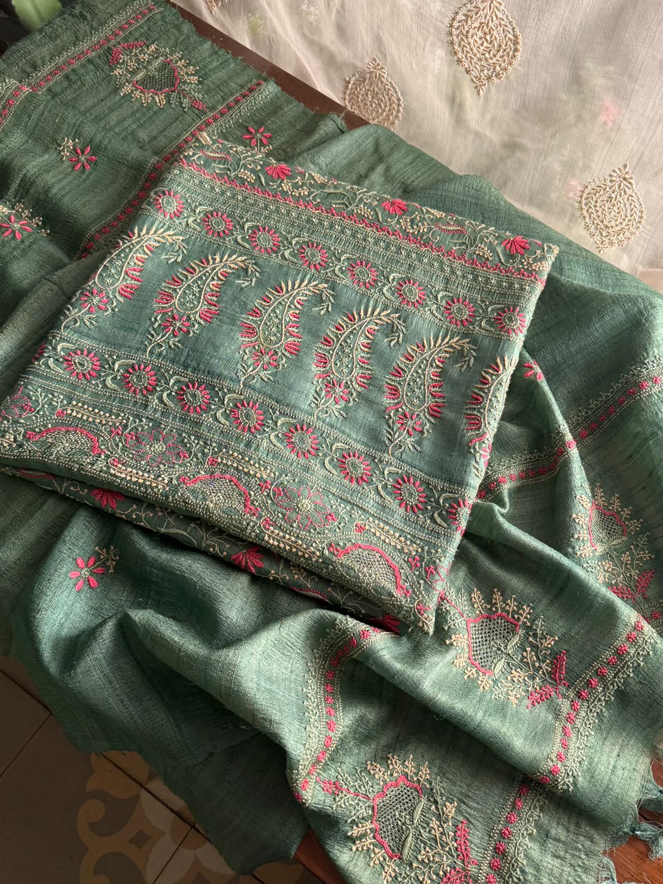 Hazel Green Tussar Silk Unstitched Kurta Dupatta Set with Multicolour Chikankari Embroidery