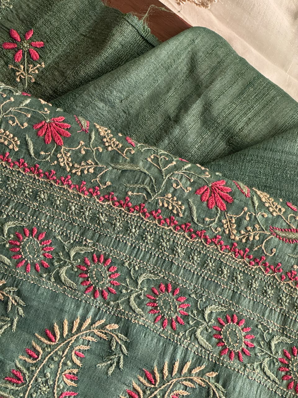 Hazel Green Tussar Silk Unstitched Kurta Dupatta Set with Multicolour Chikankari Embroidery