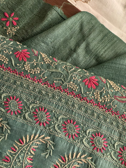 Hazel Green Tussar Silk Unstitched Kurta Dupatta Set with Multicolour Chikankari Embroidery