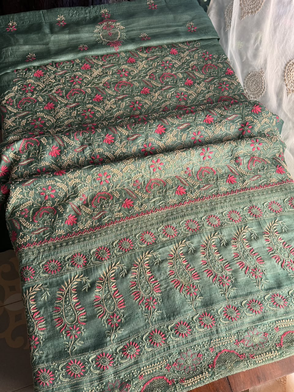 Hazel Green Tussar Silk Unstitched Kurta Dupatta Set with Multicolour Chikankari Embroidery