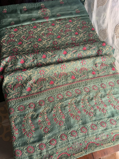 Hazel Green Tussar Silk Unstitched Kurta Dupatta Set with Multicolour Chikankari Embroidery