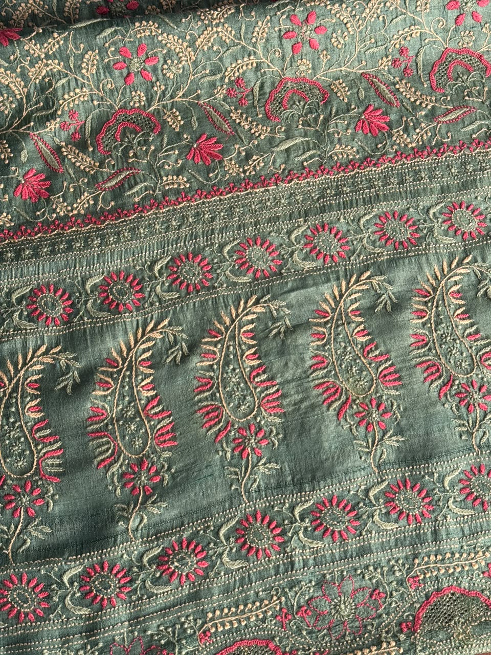 Hazel Green Tussar Silk Unstitched Kurta Dupatta Set with Multicolour Chikankari Embroidery