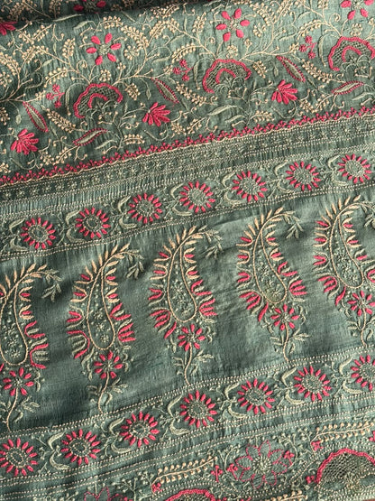 Hazel Green Tussar Silk Unstitched Kurta Dupatta Set with Multicolour Chikankari Embroidery