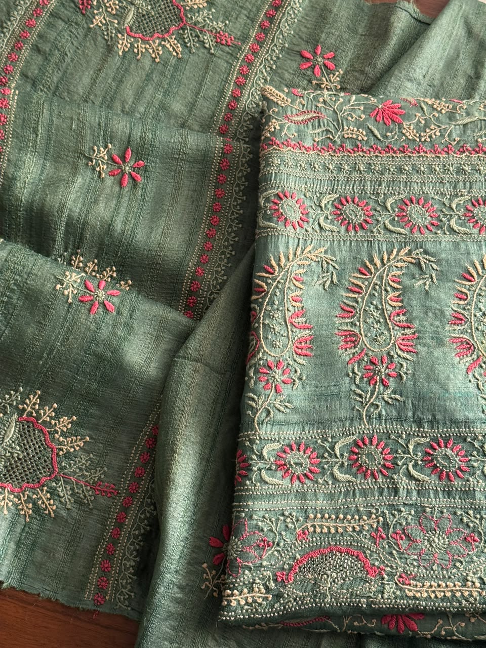 Hazel Green Tussar Silk Unstitched Kurta Dupatta Set with Multicolour Chikankari Embroidery