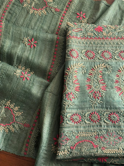 Hazel Green Tussar Silk Unstitched Kurta Dupatta Set with Multicolour Chikankari Embroidery