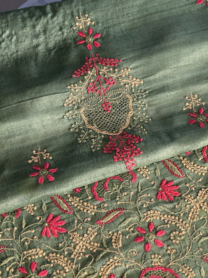 Hazel Green Tussar Silk Unstitched Kurta Dupatta Set with Multicolour Chikankari Embroidery