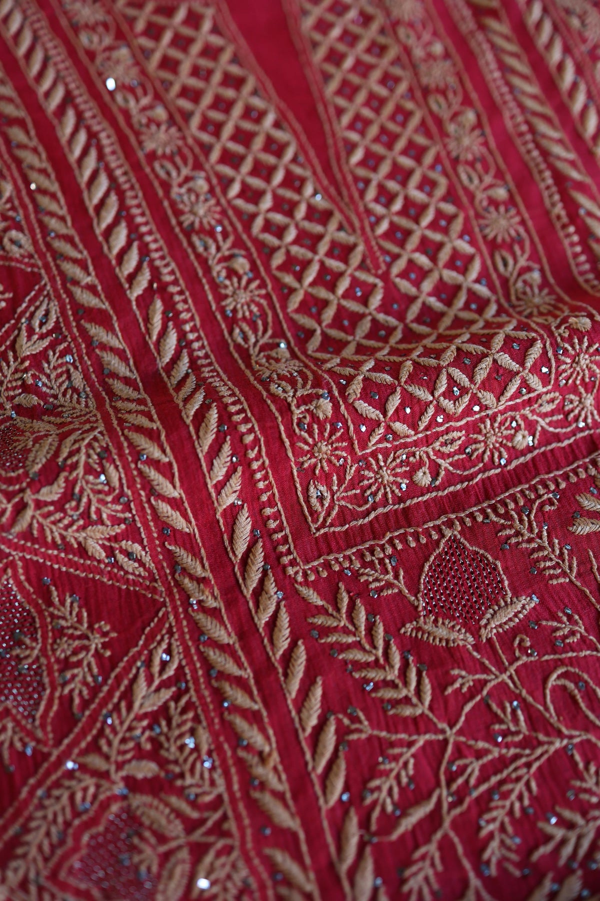Hibiscus Red Shade Mal Cotton Fine Chikankari With Kamdani Work Unstitched Fabric