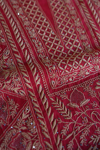 Hibiscus Red Shade Mal Cotton Fine Chikankari With Kamdani Work Unstitched Fabric
