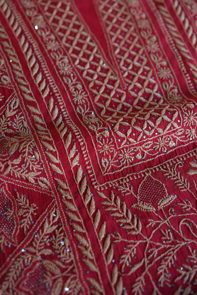 Hibiscus Red Shade Mal Cotton Fine Chikankari With Kamdani Work Unstitched Fabric