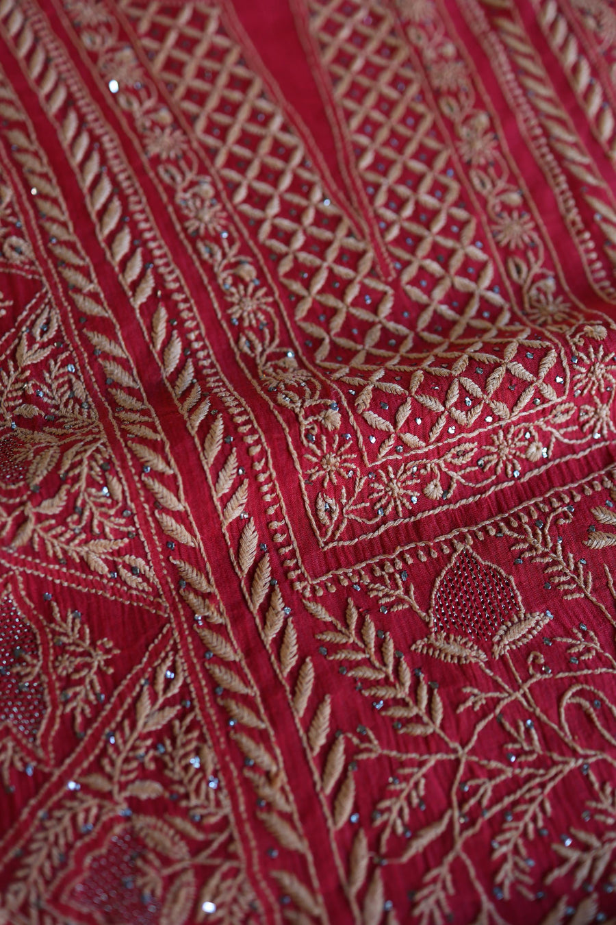 Hibiscus Red Shade Mal Cotton Fine Chikankari With Kamdani Work Unstitched Fabric