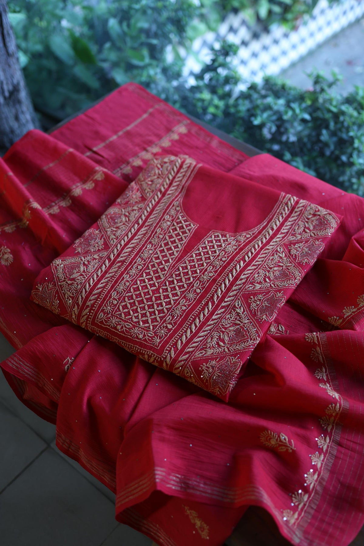 Hibiscus Red Shade Mal Cotton Fine Chikankari With Kamdani Work Unstitched Fabric
