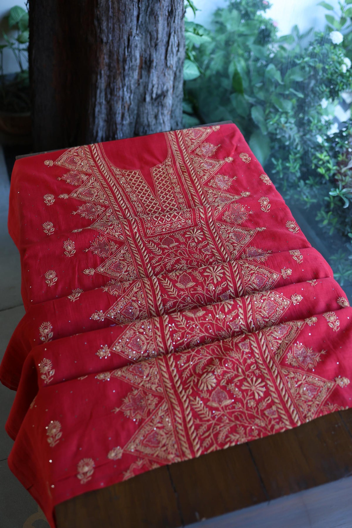 Hibiscus Red Shade Mal Cotton Fine Chikankari With Kamdani Work Unstitched Fabric