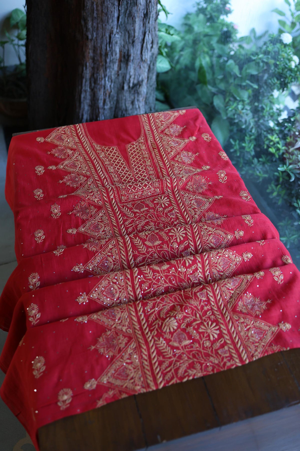 Hibiscus Red Shade Mal Cotton Fine Chikankari With Kamdani Work Unstitched Fabric