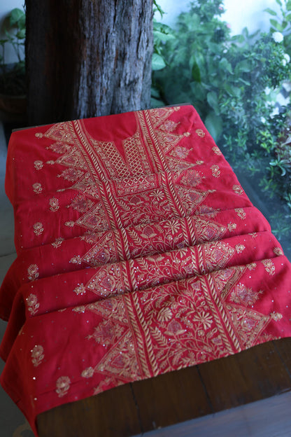 Hibiscus Red Shade Mal Cotton Fine Chikankari With Kamdani Work Unstitched Fabric