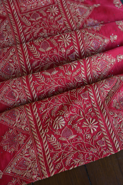 Hibiscus Red Shade Mal Cotton Fine Chikankari With Kamdani Work Unstitched Fabric