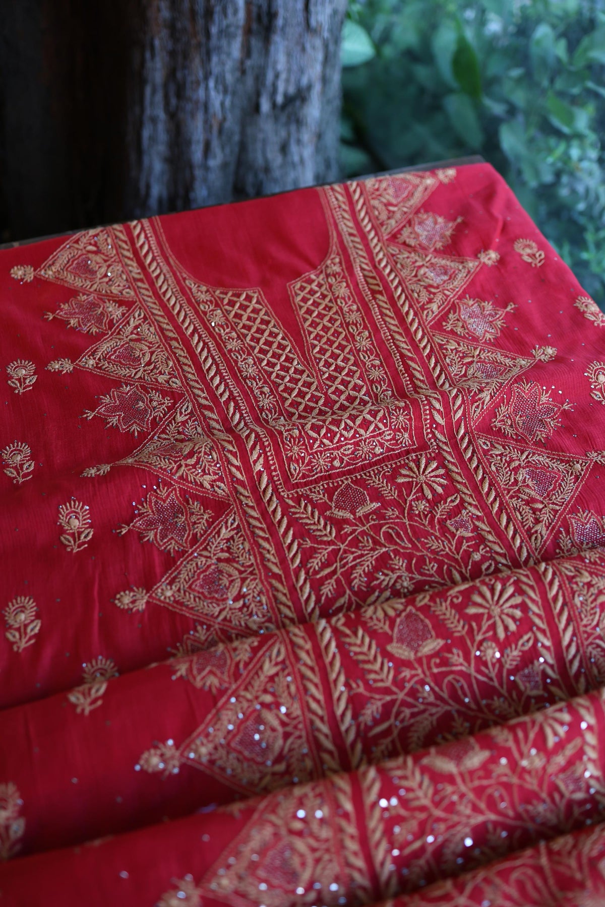 Hibiscus Red Shade Mal Cotton Fine Chikankari With Kamdani Work Unstitched Fabric