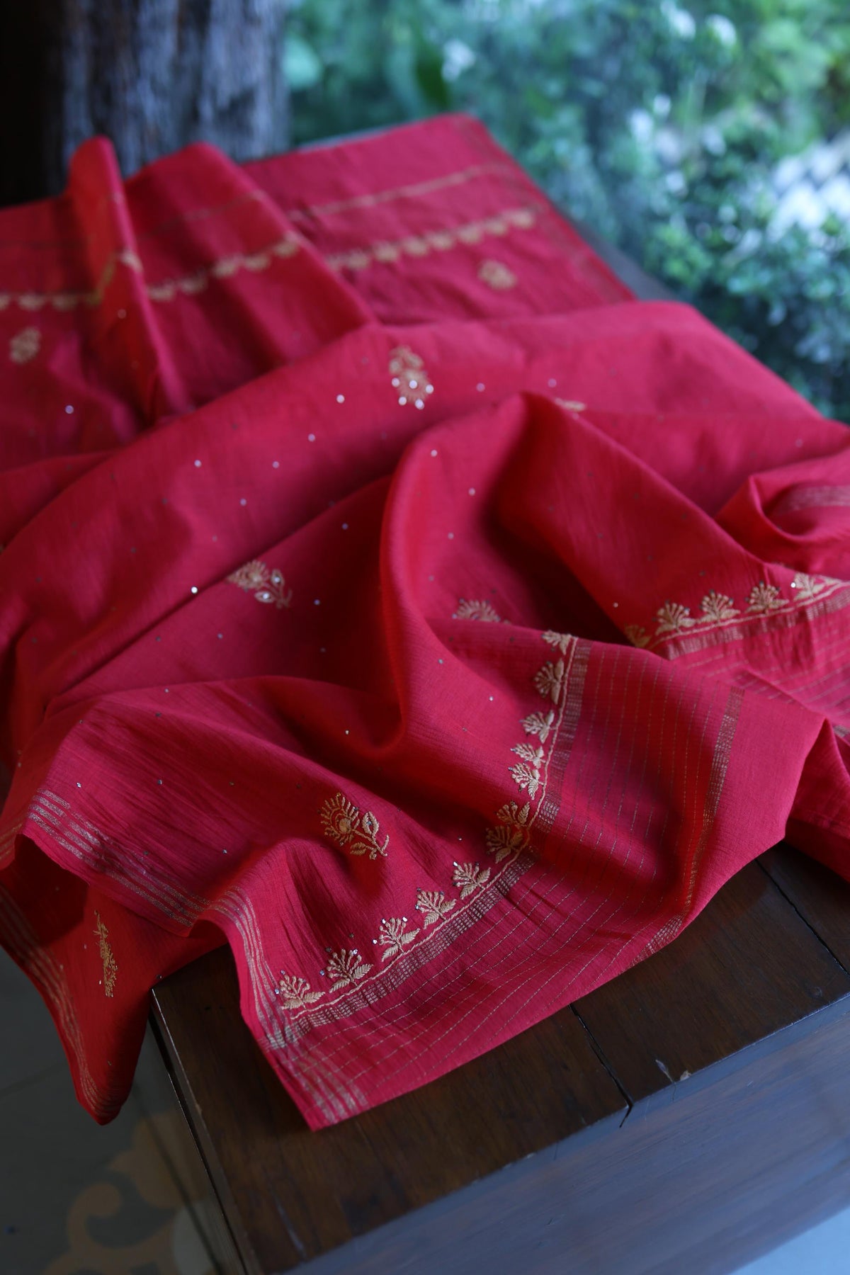Hibiscus Red Shade Mal Cotton Fine Chikankari With Kamdani Work Unstitched Fabric