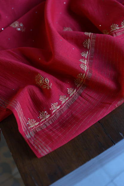 Hibiscus Red Shade Mal Cotton Fine Chikankari With Kamdani Work Unstitched Fabric