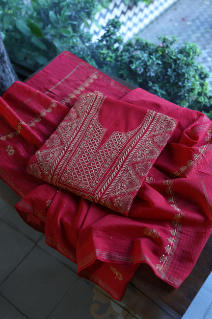 Hibiscus Red Shade Mal Cotton Fine Chikankari With Kamdani Work Unstitched Fabric