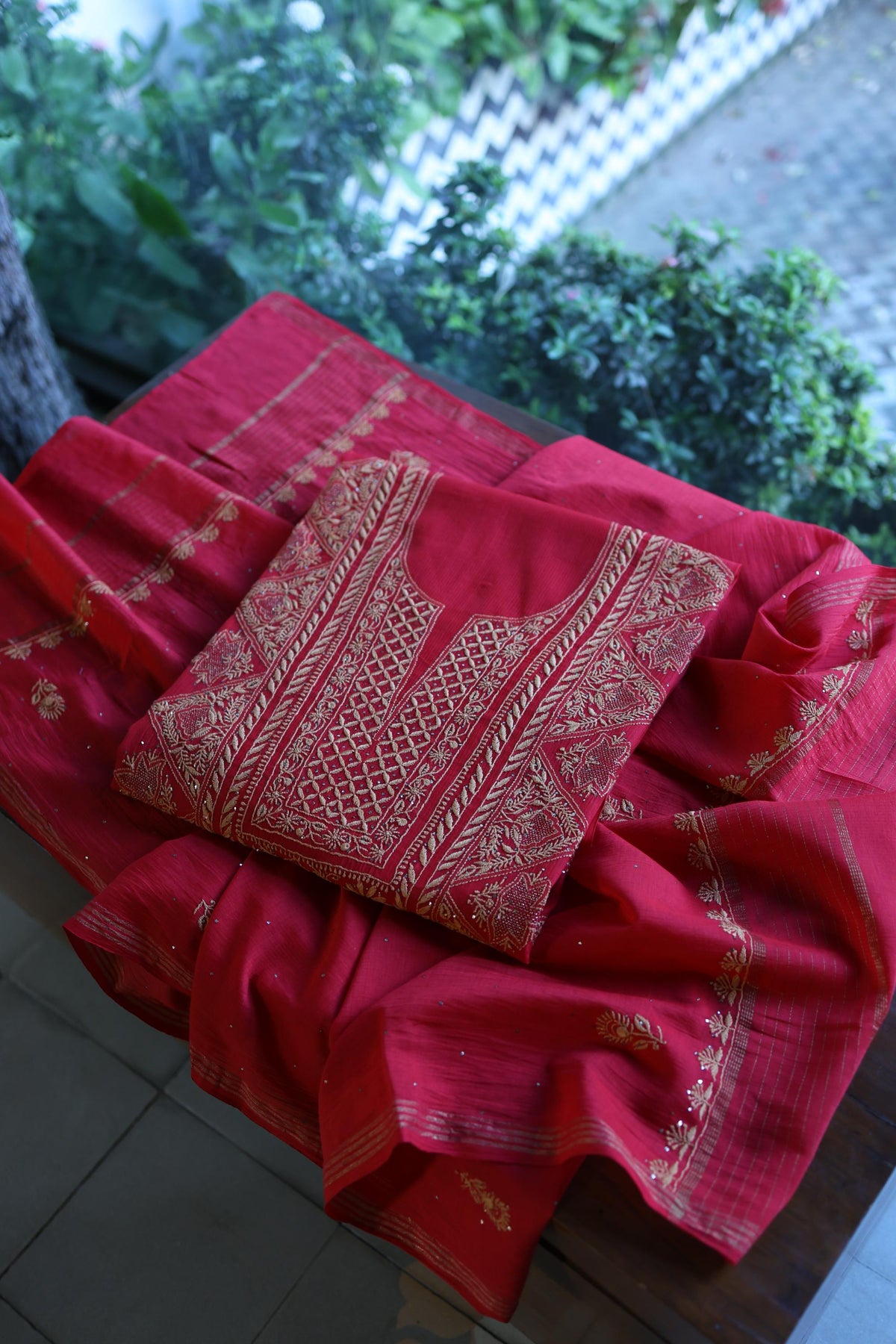 Hibiscus Red Shade Mal Cotton Fine Chikankari With Kamdani Work Unstitched Fabric