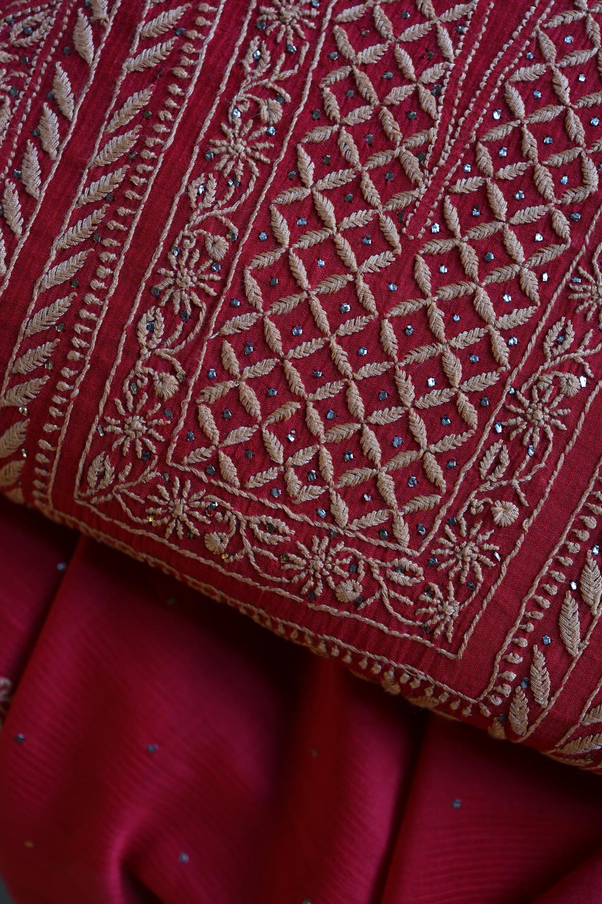 Hibiscus Red Shade Mal Cotton Fine Chikankari With Kamdani Work Unstitched Fabric