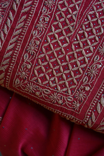 Hibiscus Red Shade Mal Cotton Fine Chikankari With Kamdani Work Unstitched Fabric