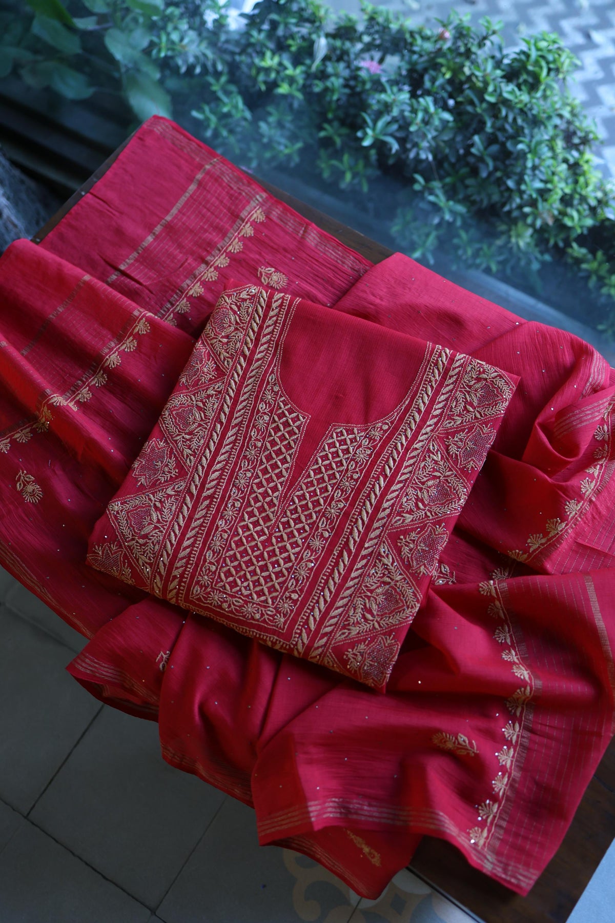 Hibiscus Red Shade Mal Cotton Fine Chikankari With Kamdani Work Unstitched Fabric