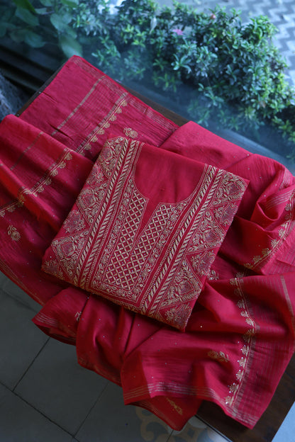 Hibiscus Red Shade Mal Cotton Fine Chikankari With Kamdani Work Unstitched Fabric