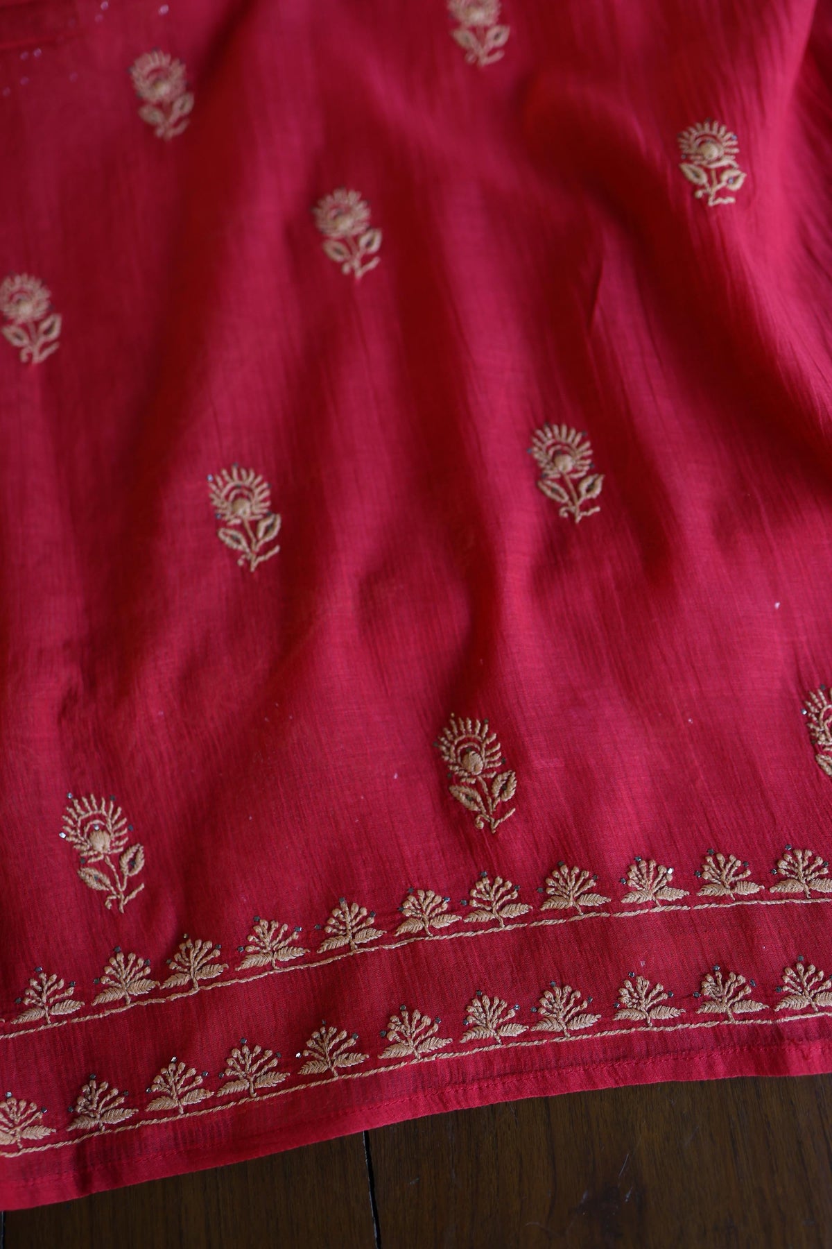 Hibiscus Red Shade Mal Cotton Fine Chikankari With Kamdani Work Unstitched Fabric