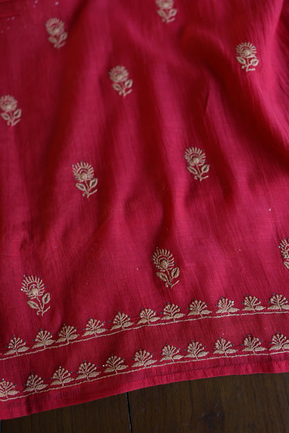 Hibiscus Red Shade Mal Cotton Fine Chikankari With Kamdani Work Unstitched Fabric