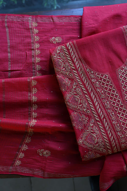 Hibiscus Red Shade Mal Cotton Fine Chikankari With Kamdani Work Unstitched Fabric
