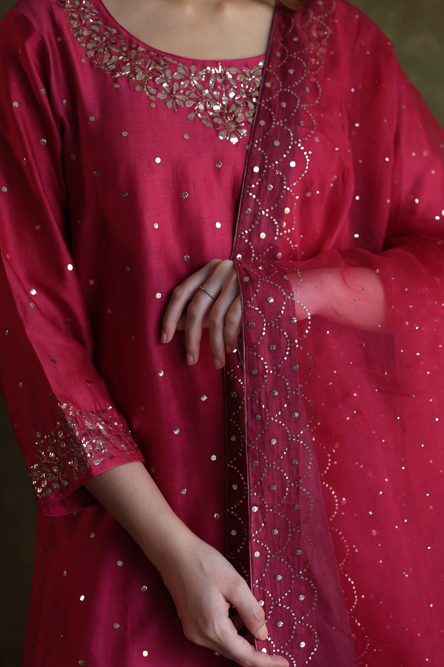 Hot Pink Chanderi Silk Mukaish Badla Kurta Set