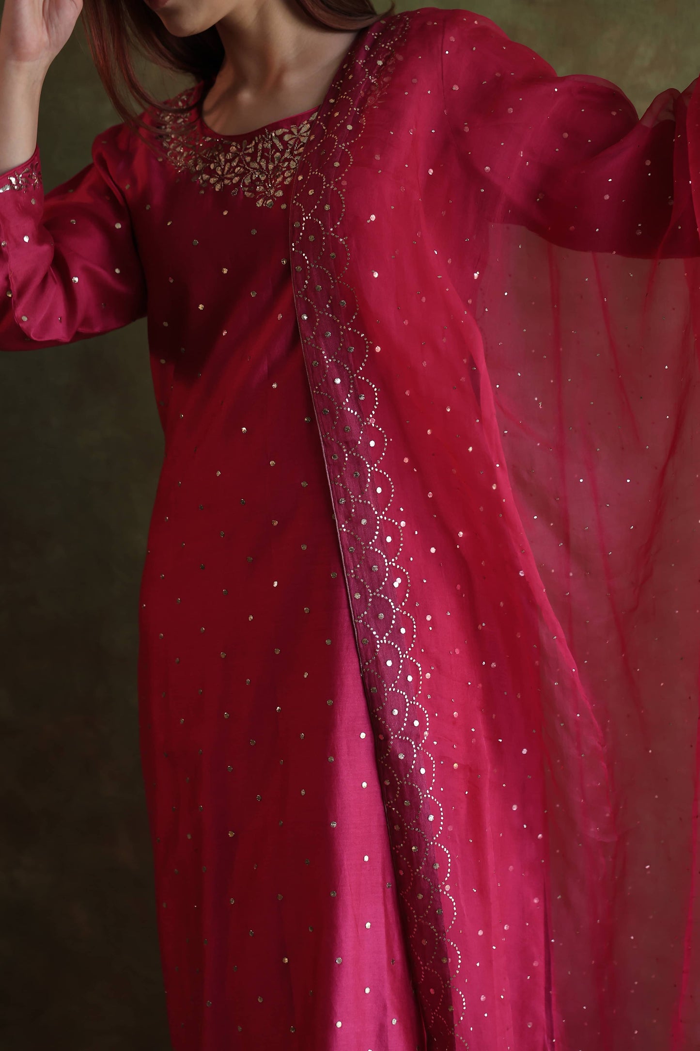 Hot Pink Chanderi Silk Mukaish Badla Kurta Set