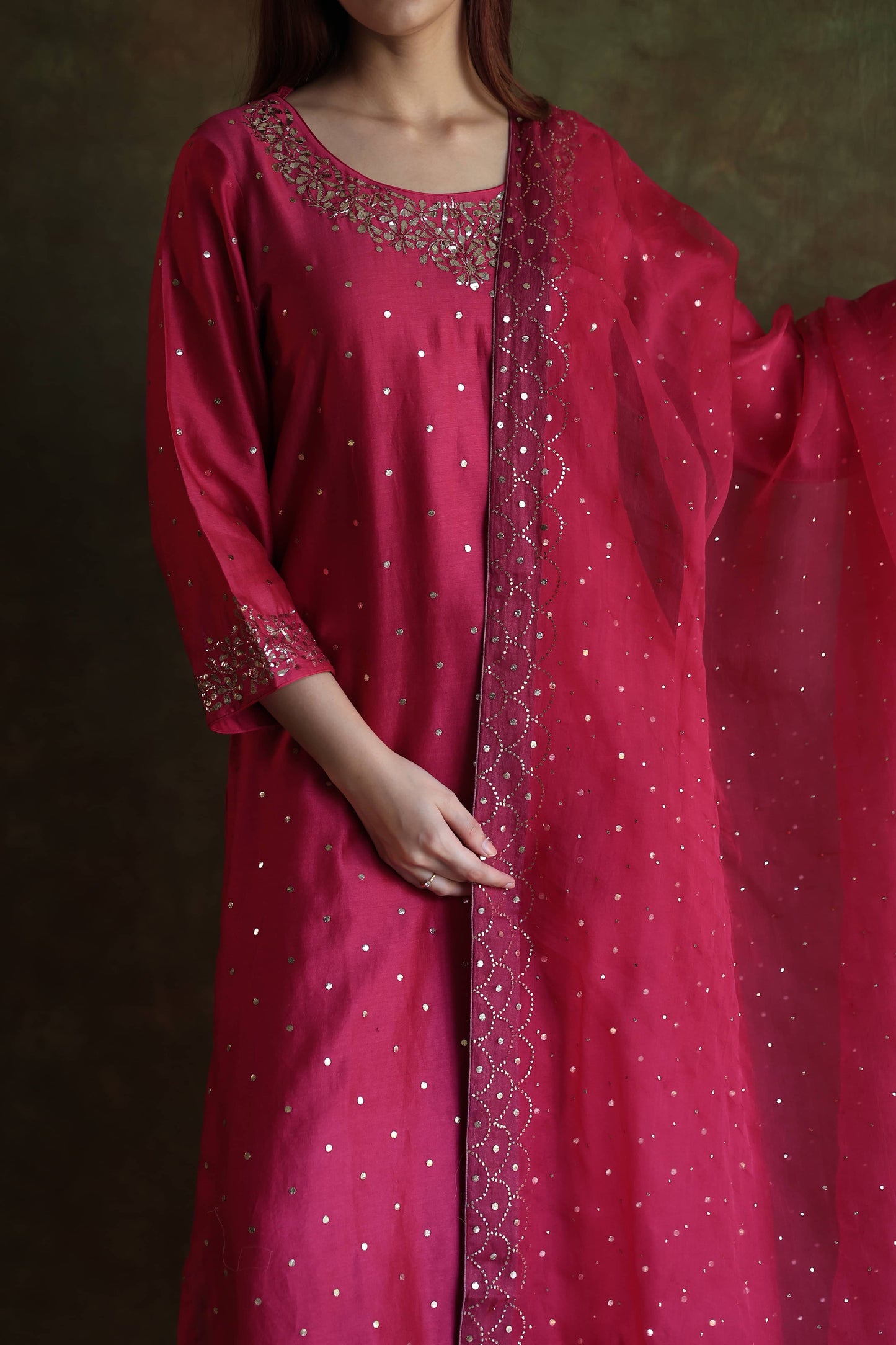Hot Pink Chanderi Silk Mukaish Badla Kurta Set