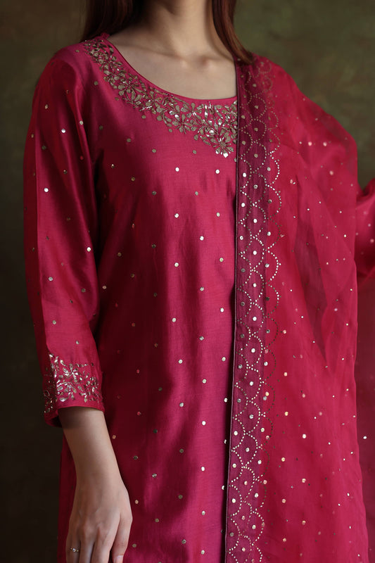 Hot Pink Chanderi Silk Mukaish Badla Kurta Set