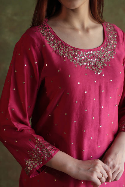 Hot Pink Chanderi Silk Mukaish Badla Kurta Set