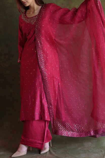 Hot Pink Chanderi Silk Mukaish Badla Kurta Set