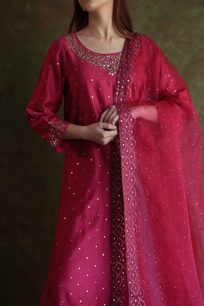 Hot Pink Chanderi Silk Mukaish Badla Kurta Set