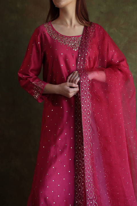 Hot Pink Chanderi Silk Mukaish Badla Kurta Set