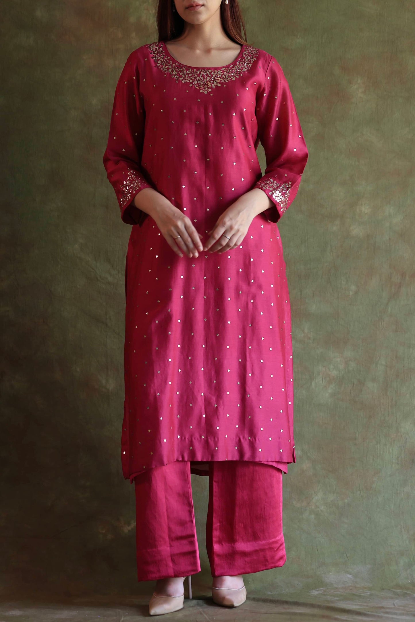 Hot Pink Chanderi Silk Mukaish Badla Kurta Set