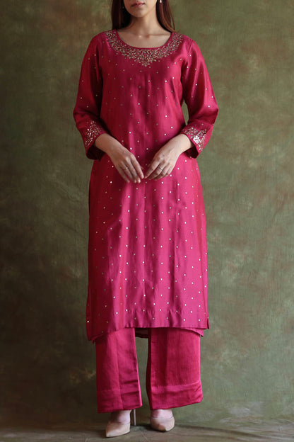 Hot Pink Chanderi Silk Mukaish Badla Kurta Set