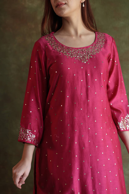 Hot Pink Chanderi Silk Mukaish Badla Kurta Set