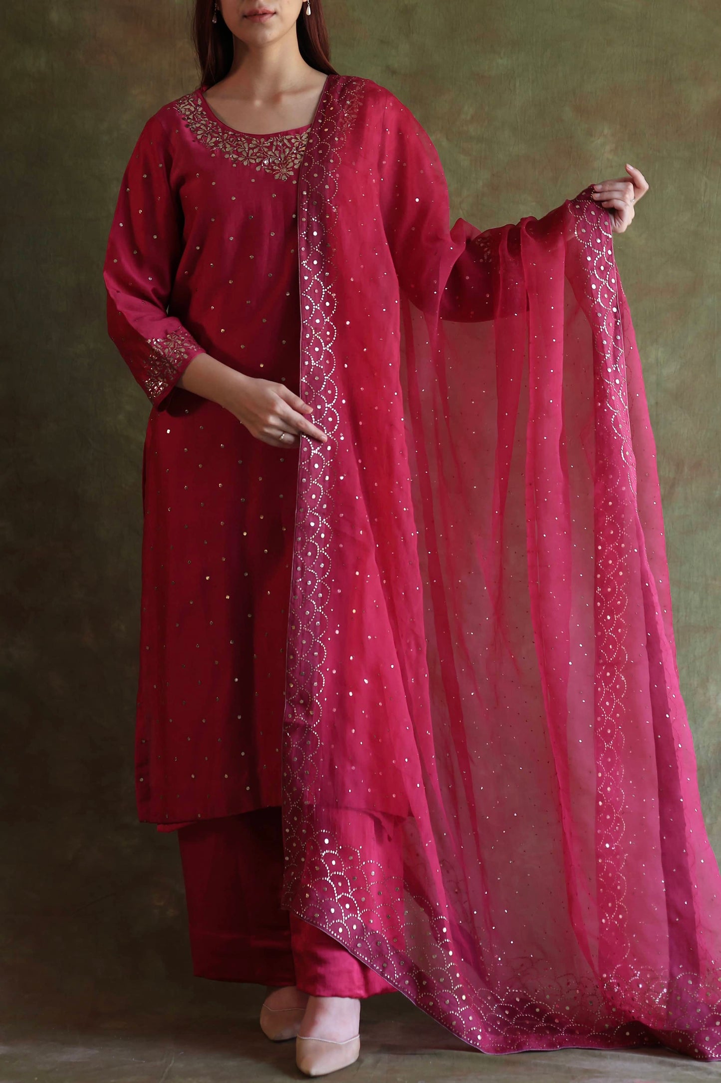 Hot Pink Chanderi Silk Mukaish Badla Kurta Set