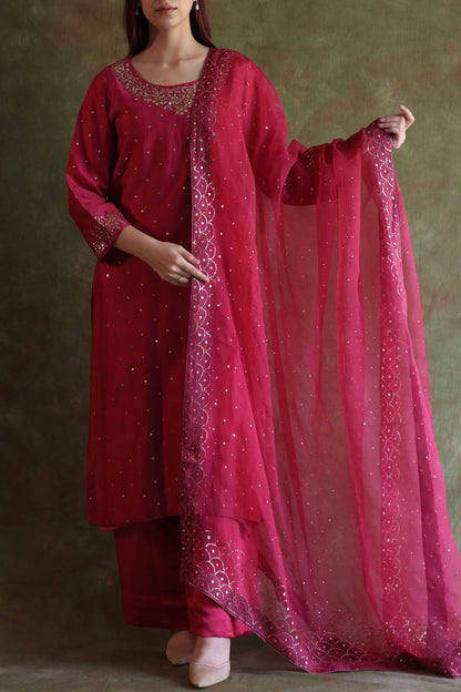 Hot Pink Chanderi Silk Mukaish Badla Kurta Set
